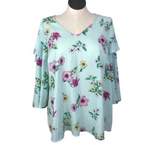 Lane Bryant V-Neck Tunic Women’s Sz 14/16 Color Aqua Floral Short Bell Sleeve’s